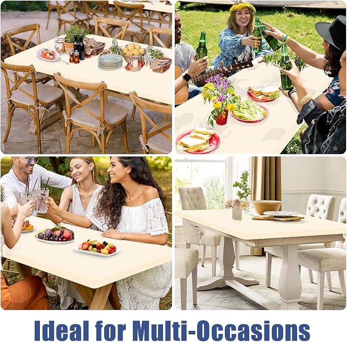Spandex 8 Foot Rectangle Table Cloth 2 Pack, Elastic Fitted Tablecloths for Picnic, Stretch Washable Patio Table Cover for Outdoor, Camping, Banquet and Parties (Champagne, 36"x96")