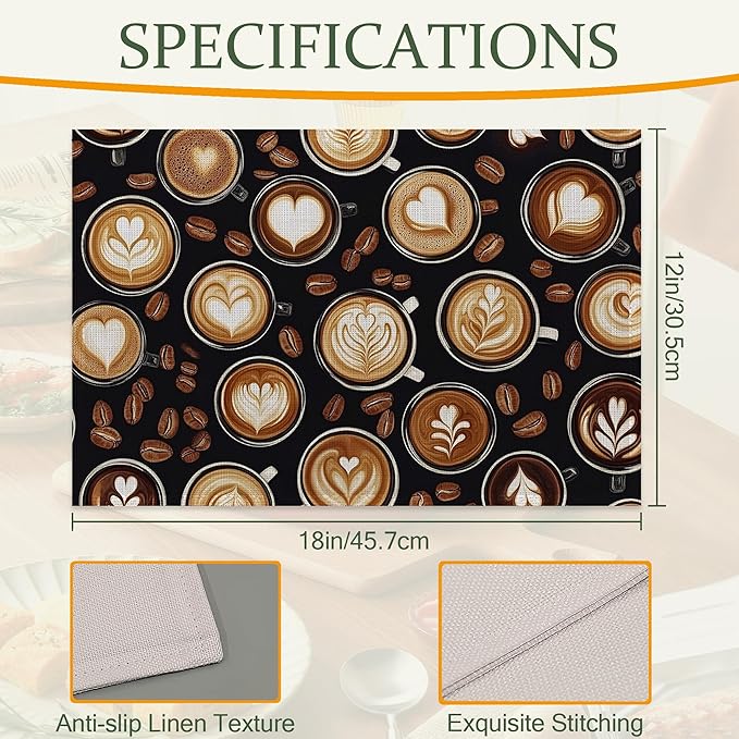 Cloth Placemats,Coffee Theme Fabric Placemats Set of 6,Washable Coffee Beans Table Mats,Decorative Place Mats for Dining Home Kitchen Holiday Party 11.8x17.7 Inch