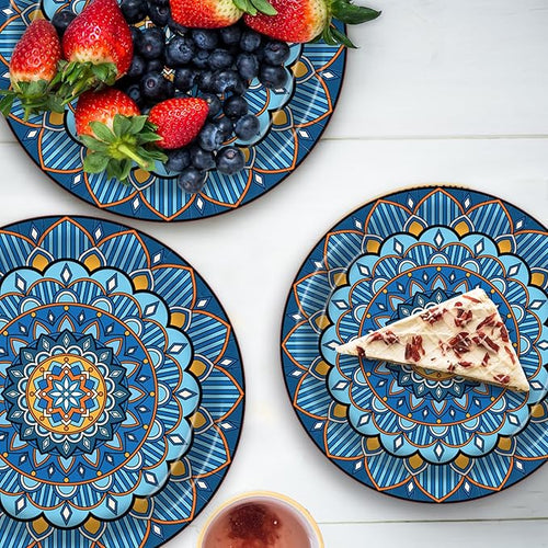 100PCS Boho Paper Plates 7Inch & 9Inch, Vintage Bohemian Disposable Dinnerware Plates for Birthday Gatherings Holiday Favor Baby Shower Party Supplies,50 Guests(Blue)