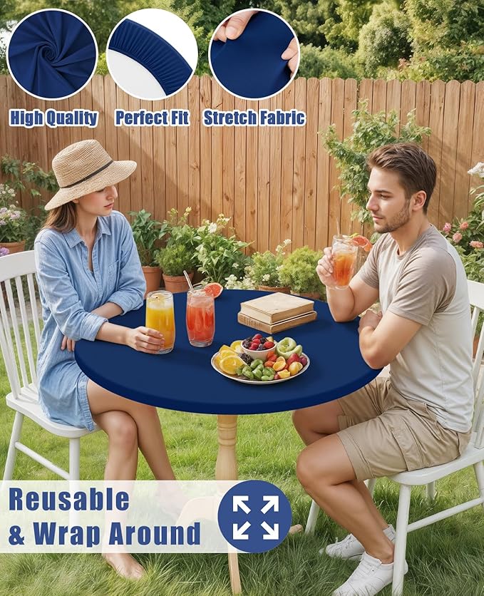 Round Spandex Tablecloth 2 Pack, Elastic Fitted Waterproof Tablecloths for 57"-68" Tables, Stretch Washable Picnic Table Cover for Camping, Dining, Indoor and Outdoor, Navy