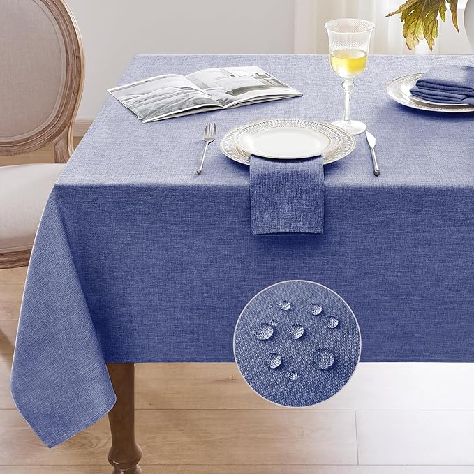 Softalker Extra Long Rectangular Tablecloths 60 x 120 inch Blue Faux Linen Table Cloth Outdoor Waterproof Stain and Wrinkle Resistant Table Cover for Spring Easter Party Picnic Decor Vintage Tabletop