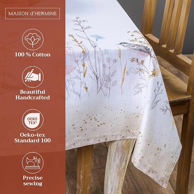 Maison d' Hermine Table Cloth Rectangle Table 100% Cotton 54 x 72 Inches Tablecloth Reusable Decorative for Dining Room Farmhouse Home Valentines Day Decorations Spring Summer - Meadow Florals - Beige