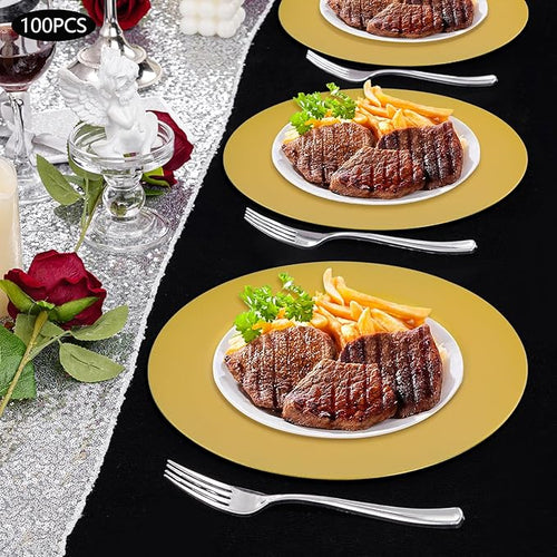100 Pcs Antique Charger Plates Bulk, 13in Reusable Serving Plates Embossed Rim Plastic Party Dinner Plate Chargers Round Decorative Server Plate for Wedding Party Event Tableware