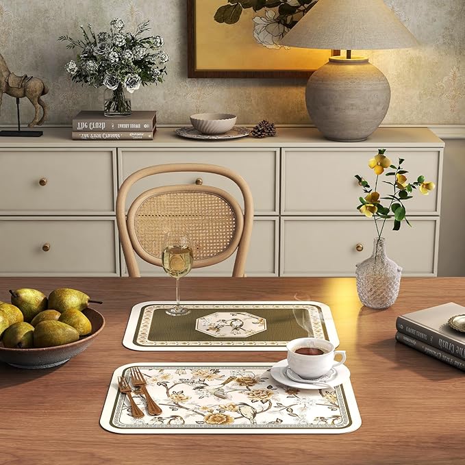 ISAENNE PVC Placemats Set of 6,Rectangular Flower and Bird Print Placemats, Waterproof and Heat-Resistant Place Mats,Decoration for Kitchen, Dining, Parties, Holiday,12"*17"