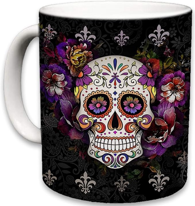 Sweet Gisele Sugar Skull Ceramic Mug, Floral Print Coffee Cup, Day of the Dead Design, Beautiful Vivid Colors, Great Novelty Gifts 11 Fl. Oz Black