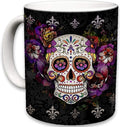 Sweet Gisele Sugar Skull Ceramic Mug, Floral Print Coffee Cup, Day of the Dead Design, Beautiful Vivid Colors, Great Novelty Gifts 11 Fl. Oz Black