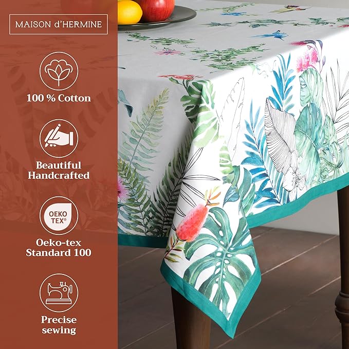 Maison d' Hermine Table Cloth Rectangle Table 100% Cotton 70 x 120 Inches Tablecloth Reusable Decorative for Dining Room Farmhouse Home Valentines Day Decorations Spring Summer - Tropiques