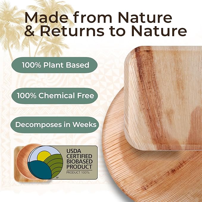 Indie Palm Disposable Palm Leaf Plates – 100 Pack 10 Inch Square – Heavy Duty, 100% Compostable & Biodegradable – Eco-Friendly Alternative to Plastic & Bamboo – Perfect for Parties & Events