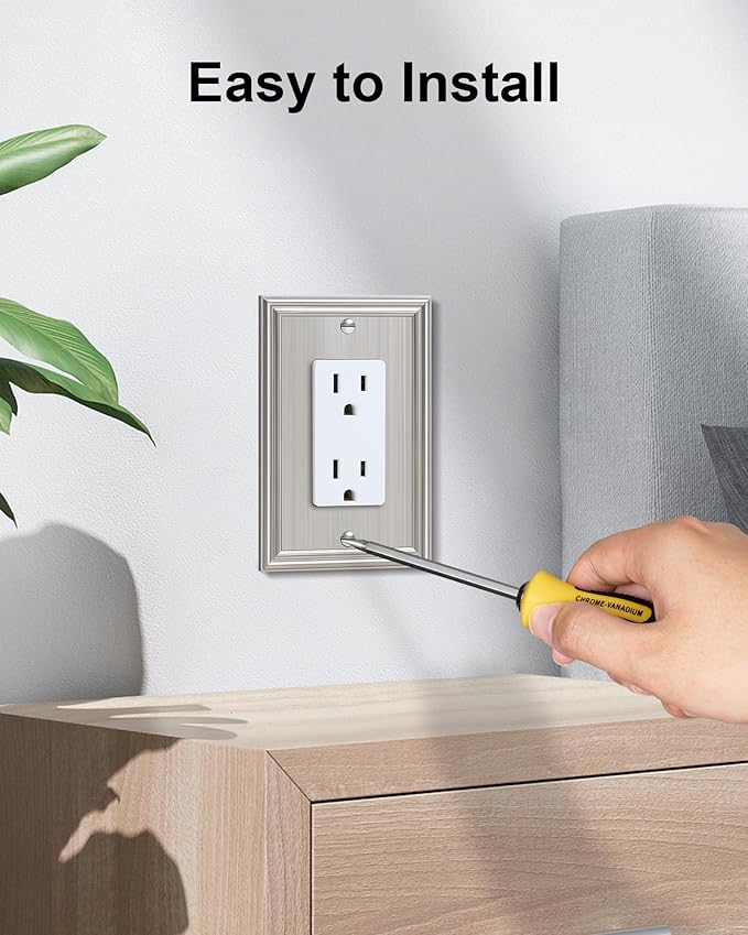 2-Pack Decorator Outlet Cover Plate, Brushed Nickel Decorative Switch Plates and Outlet Covers, Durable Zinc Alloy Wall Plates for Electrical Outlets, Receptacle, GFCI Outlet, Dimmer Switch