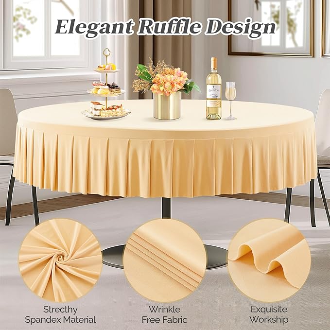 4 Pack Champagne Spandex Round Tablecloths for 72in Table, Stretchy Fitted 6FT Round Table Cloths, Wrinkle Free Table Cover with Skirt for Wedding Birthday Party Bridal Shower Banquet