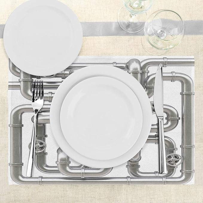 Ambesonne Industrial Place Mats Set of 4, Maze of Pipelines Faucets and Valve Gasoline Engineering Themed Print, Washable Fabric Placemats for Dining Table, Standard Size, Grey White