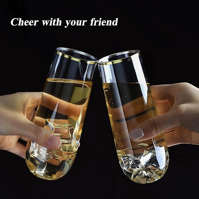 48 Pack 9 oz Stemless Plastic Champagne Flutes, Clear Disposable Champagne Glasses Gold Rim, Shatterproof and BPA-Free Drinkware for Party & Graduation & Wedding
