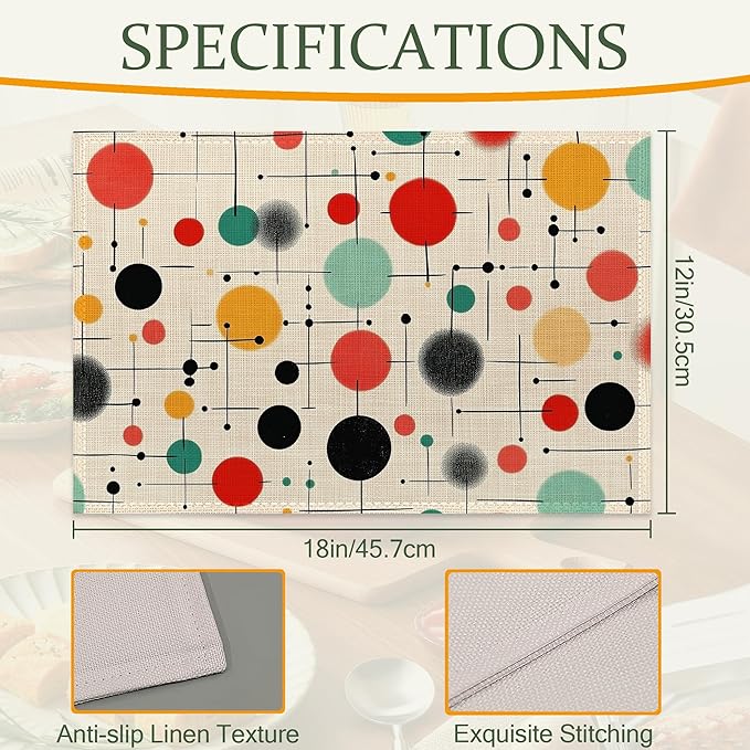 Mid Century Table Placemats Set of 6,Non-Slip Vintage Fabric Placemats for Dining Room Kitchen Party Holiday, Indoor Cloth Table Mats for Home Decor 11.8x17.7 Inch
