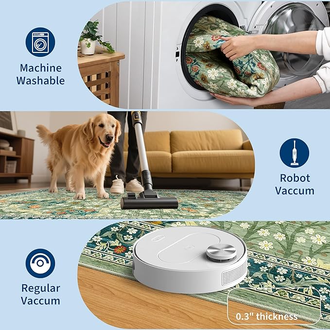 GarveeHome Floral Hallway Runner Rug, 2.5x8 Kitchen Runner Rugs, Washable Non Slip Entryway Rugs Indoor, Ultra-Thin Stain Resistant Carpet Floor Mat for Laundry Room, Sage Green