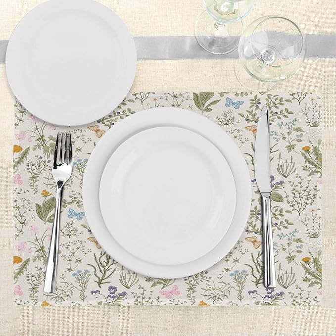 Ambesonne Floral Place Mats Set of 4, Vintage Garden Plants Herbs Flowers Botanical Classic Design Art, Washable Fabric Placemats for Dining Table, Standard Size, Reseda Green Beige