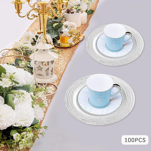 100 Pcs Silver Charger Plates Bulk, 13 Inch Antique Plastic Round Chargers Set, Textured Decorative Dinner Plates for Wedding Party Banquet Event Festival Table Decoration (Silver)