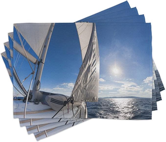 Ambesonne Sailboat Place Mats Set of 4, Sailing Boat in The Sea Maritime Speedy Beaming Sun Reflections Lifestyle Theme, Washable Fabric Placemats for Dining Room Kitchen Table Decor, Blue and White