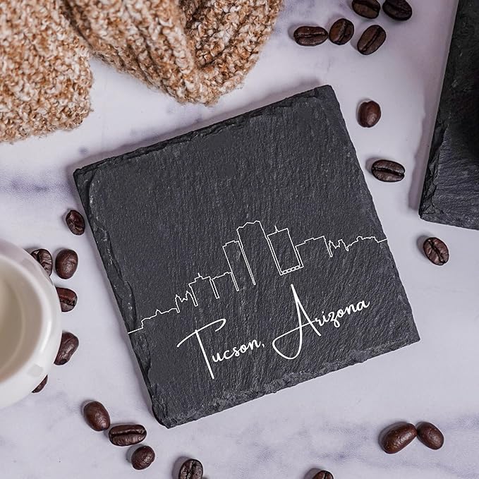 Blue Ridge Mountain Gifts - Tucson AZ Skyline Coasters, Set of 4 - Tucson Arizona Souvenir, Slate Coasters with Minimalist Skyline, Housewarming Gift for Friends, Family, & Neighbors