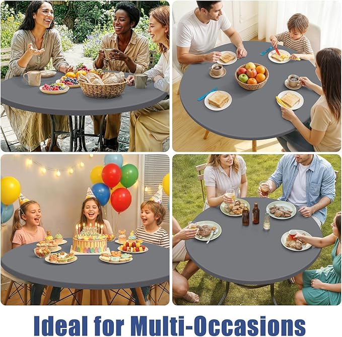 Round Spandex Tablecloth 2 Pack, Elastic Fitted Waterproof Tablecloths for 18"-24" Tables, Stretch Washable Picnic Table Cover for Camping, Dining, Indoor and Outdoor, Grey