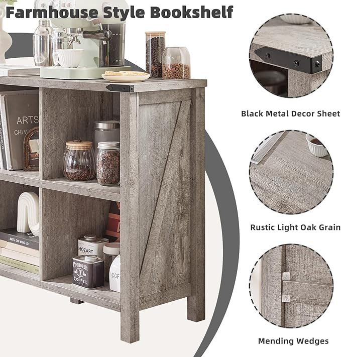 8 Cube Book Shelf, Farmhouse Wood Long Storage Organizer Bookcase, 62" Horizontal Grey Oak Console Closet Bookshelf, Hallway TV Stand for Entryway, Display Cabinet Book Case for Living Room
