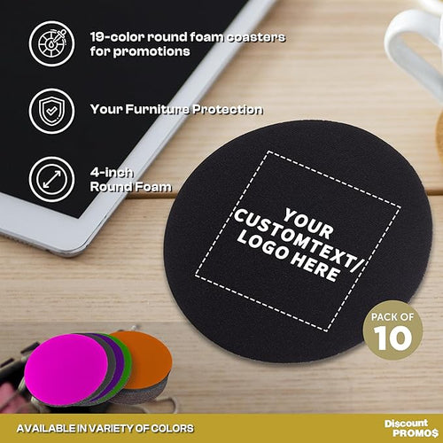 10 Round Foam Bud Coasters Pack, 4 inch - Customizable Text, Logo - PU Foam, Party Favor - Black