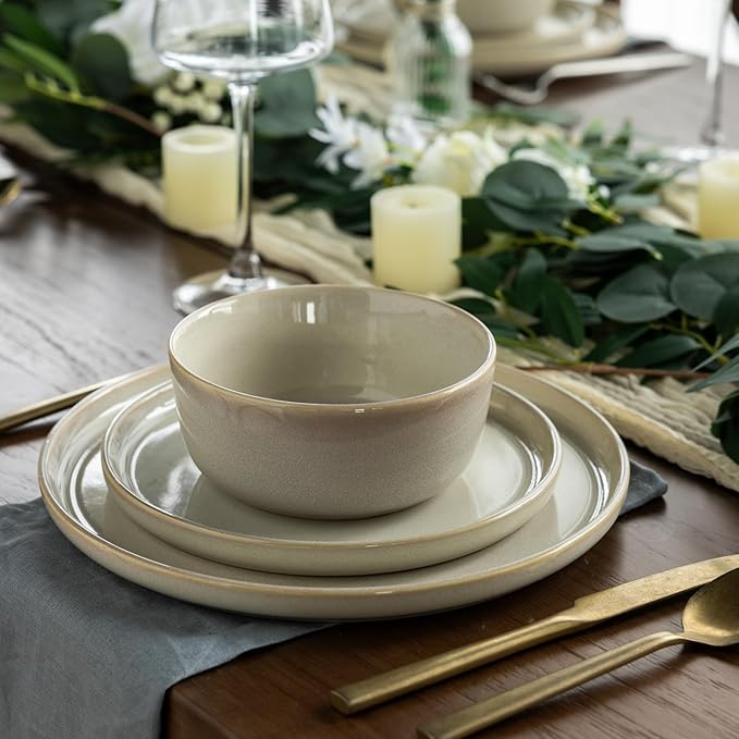 AmorArc Stoneware Dinnerware Sets for 4,Round Reactive Glaze Ceramic Plates and Bowls Set,Highly Scrath Resistant | Dishwasher & Microwave Safe Dishes Set,Service for 4 (12pc)