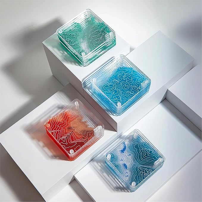 St. Moritz, Swiss 3D Contour Map Glass Drink Coasters of Mountains, Ski Resort, Set of 6 with Holder, Housewarming Birthday Gifts, Home Decor