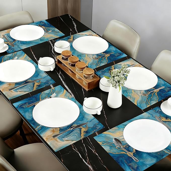 Blue Gold Marble Table Placemats Set of 6,Non-Slip Modern Abstract Fabric Placemats for Dining Room Kitchen Party Holiday, Indoor Cloth Table Mats for Home Decor 11.8x17.7 Inch