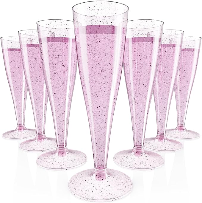 JOLLY CHEF 100 Pack Plastic Champagne Flutes Disposable 4.5 oz Purple Glitter Plastic Champagne Glasses Suitable for Wedding, Thanksgiving Day, Christmas