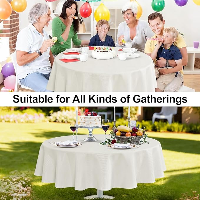 JIUZHEN Faux Linen Round Tablecloths 102 inch, Decorative Wrinkle Free Texture Rustic Circle Table Cloth Cover for Kitchen, Dining, Party, Wedding, Outdoor Use (102 Inch Round,White)