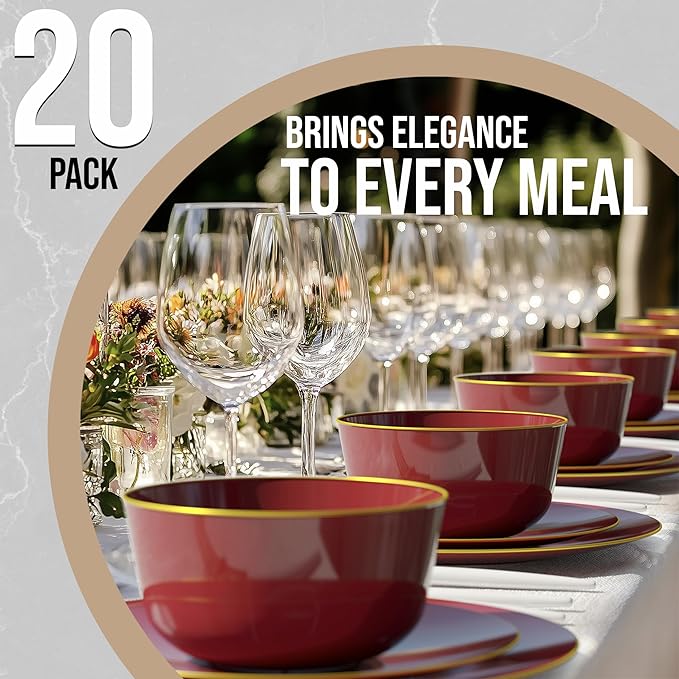 Trendables Burgundy & Gold Rimmed Disposable Bowls - 24 Oz Set of 20 Fancy Plastic Serving Bowls Perfect for Ice Cream, Salad & Candy