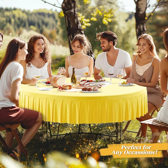 8 Pack Yellow Spandex Round Tablecloths for 60 inch Table, Stretchy Fitted 5FT Round Table Cloths with Skirt for Wedding Party Dining Banquet