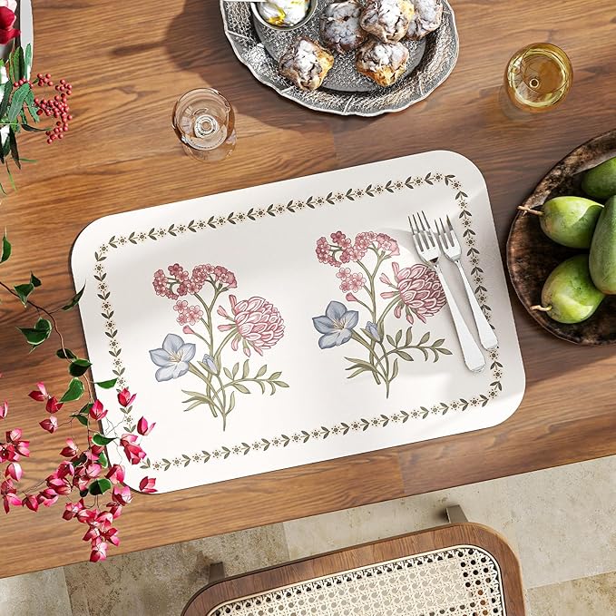ISAENNE French Cottage Floral Rectangle PVC Placemats Set of 6, Waterproof and Heat-Resistant Place Mats.Decoration for Kitchen, Dinning, Parties, Holiday,12"*17"