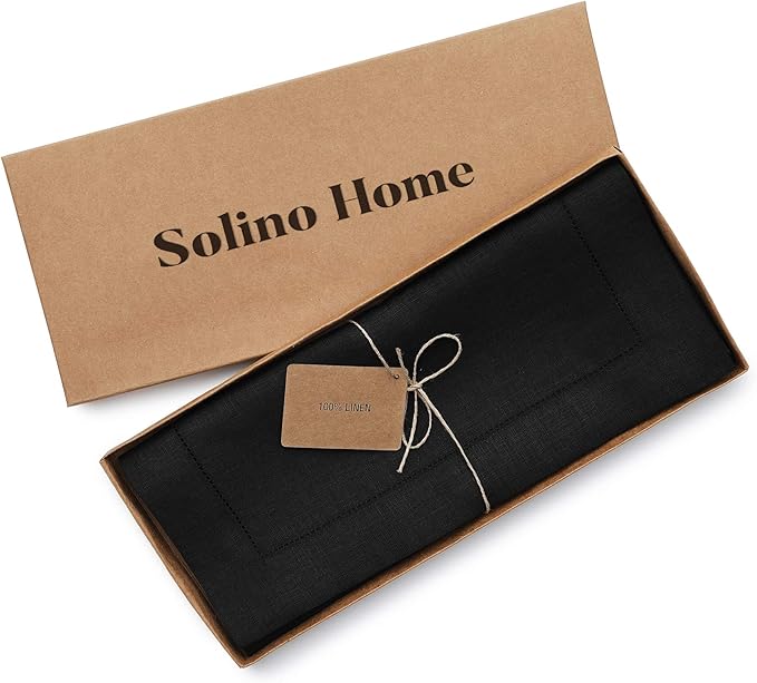 Solino Home Linen Black Table Runner 36 Inches - Classic Hemstitch, 100% Pure Linen Coffee Table Runner 14 x 36 Inch Ideal for Dresser Tables - Winter, Spring, Easter