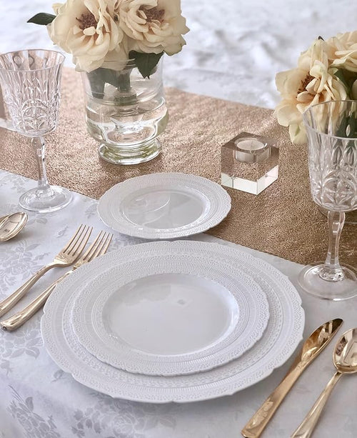 " OCCASIONS " 960pcs set (120 Guests) Extra Heavyweight Vintage Wedding Disposable/Reusable Plastic Plates -120x11'' +120x8.25''+Silverware+Cups+Napkins (Chateau Collection Light Gray)