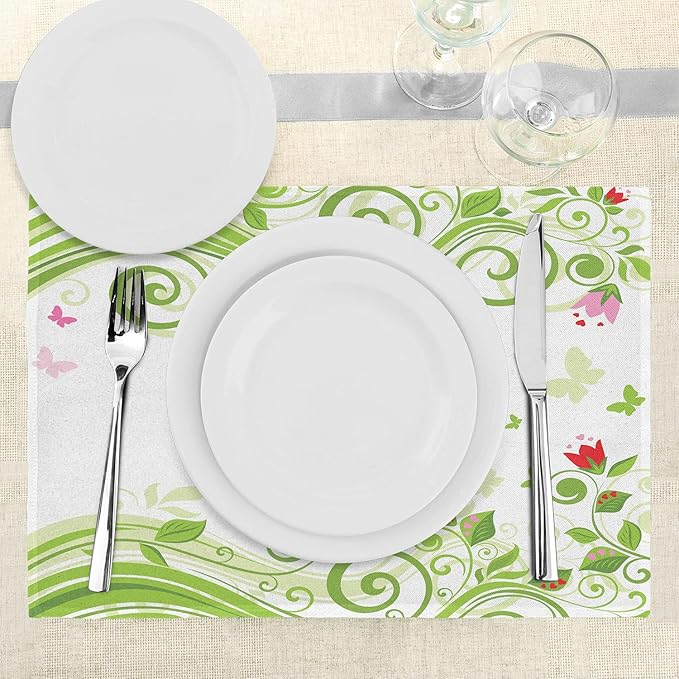 Ambesonne Green Flower Place Mats Set of 4, Blossoming Abstract Elements Swirls Springtime Foliage Illustration, Washable Fabric Placemats for Dining Room Kitchen Table Decor, Lime Green Pink Red