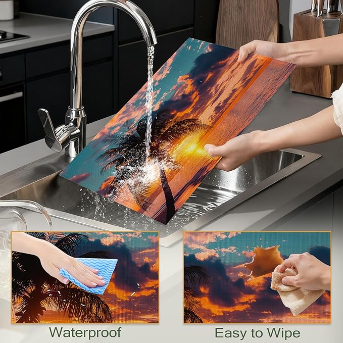 Tropical Palm Tree Table Placemats Set of 6,Non-Slip Summer Beach Sunset Fabric Placemats for Dining Room Kitchen Party Holiday, Indoor Cloth Table Mats for Home Decor 11.8x17.7 Inch