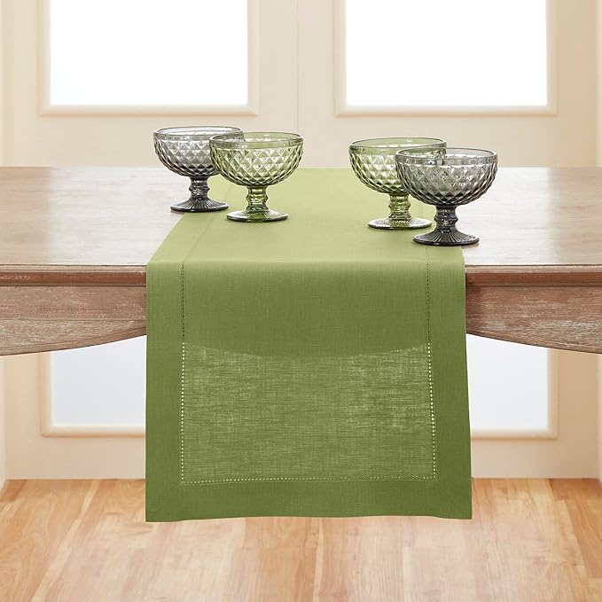 Solino Home Linen Moss Green Table Runner 60 Inches - 100% Pure Linen Small Table Runner 14 x 60 Inch for Dresser and Coffee Tables - Classic Hemstitch - Winter, Spring, Easter, St Patricks Day