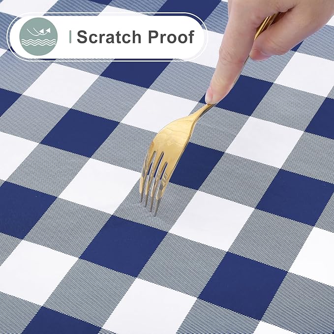 misaya Rectangle Waterproof Vinyl Table Cloth, Buffalo Flannel Backed Tablecloth, Wipeable Plastic Table Cover for Dinner, Kitchen, Outdoor (60" x 120", White and Navy)