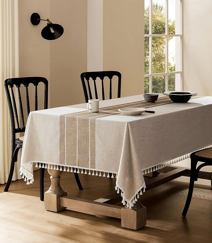 ZeeMart Contrast Linen Table Cloth Square Table Cloths 52x52 Inch Brown, Farmhouse Style Heavy Weight Beige Tablecloth, Water Resistant Burlap Tablecloths