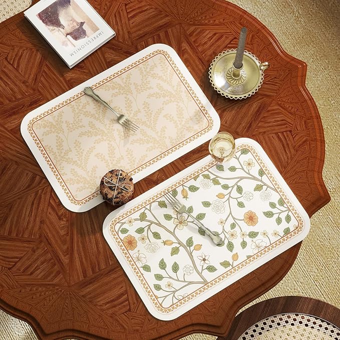 ISAENNE Skin Colour PVC Placemats Set of 6,Rectangular Floral Placemats,Waterproof and Heat-Resistant Branch Leave Pattern,Decoration for Kitchen,Dinning,Parties, Holiday,12"*17"