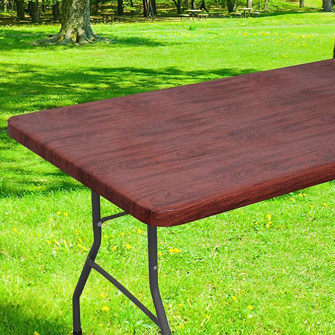 Smiry Rectangle Table Cloth Cover, Waterproof Elastic Fitted Picnic Tablecloth for 8 Foot Tables, Wipeable Flannel Backed Vinyl Tablecloths for Camping, Dining, Outdoor (Reddish Brown, 30" x 96")