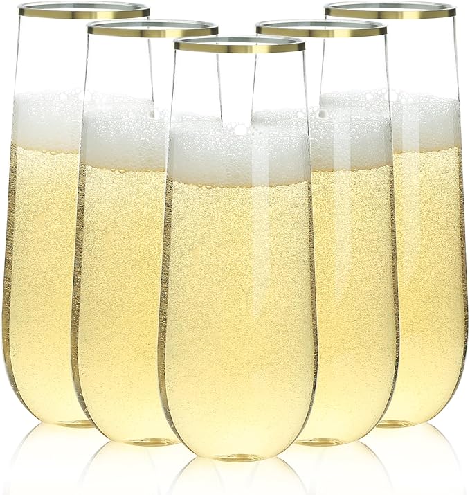 24 Pack 9 oz Stemless Plastic Champagne Flutes, Clear Disposable Champagne Glasses Gold Rim, Shatterproof and BPA-Free Drinkware for Party & Graduation & Wedding