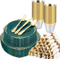 350 PCS Green and Gold Plastic Plates, Plastic Dinnerware Set for 50 Guests, 100 Disposable Plates, 150 Silverwares, 50 Cups, 50 Napkins for Party, Wedding, Graduation
