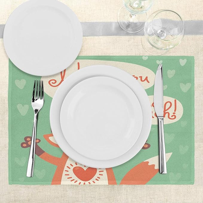 Ambesonne Lifestyle Place Mats Set of 4, I Love You So Much Fox Humor Romance Birthday Celebration Graphic Print, Washable Fabric Placemats for Dining Table, Standard Size, Mint Green