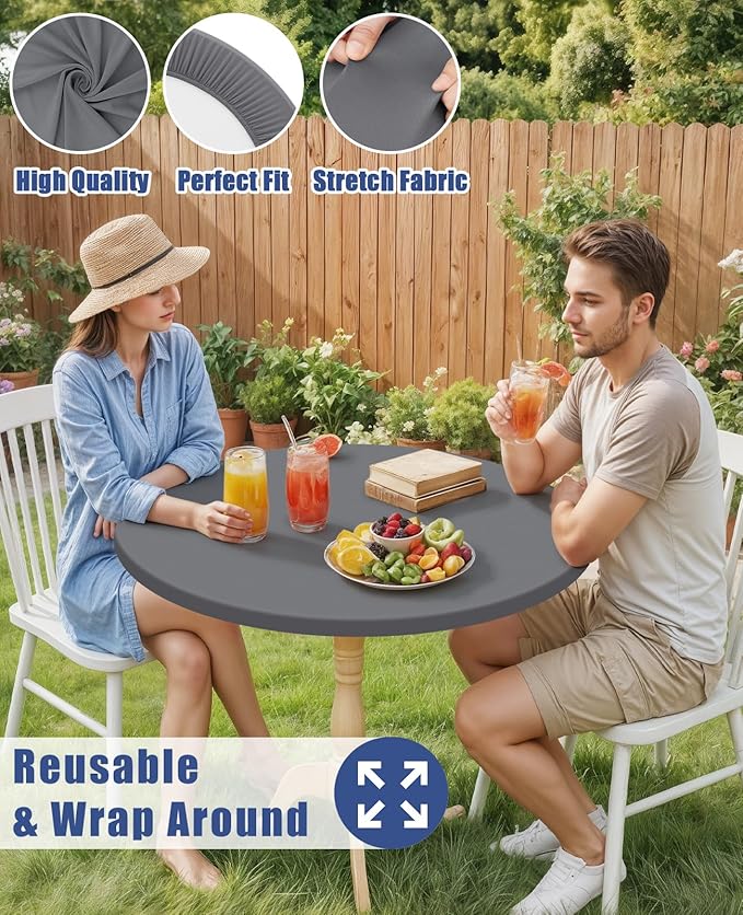 Round Spandex Tablecloth, Elastic Fitted Waterproof Tablecloths for 57"-68" Tables, Stretch Washable Picnic Table Cover for Camping, Dining, Indoor and Outdoor, Grey