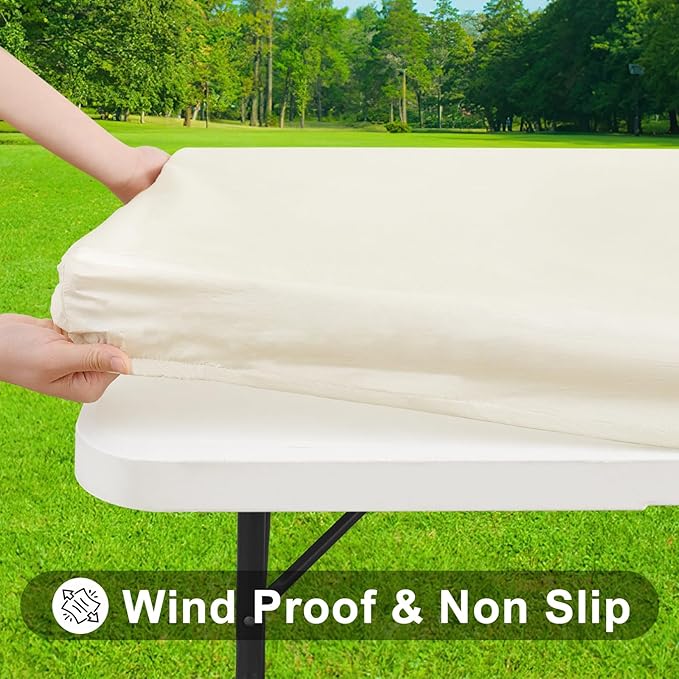 Smiry Rectangle Tablecloth, Elastic Fitted Flannel Backed Vinyl Tablecloths for 8ft Folding Tables, Waterproof Wipeable Table Covers for Indoor, Outdoor, Picnic and Camping (Beige, 30"x96")