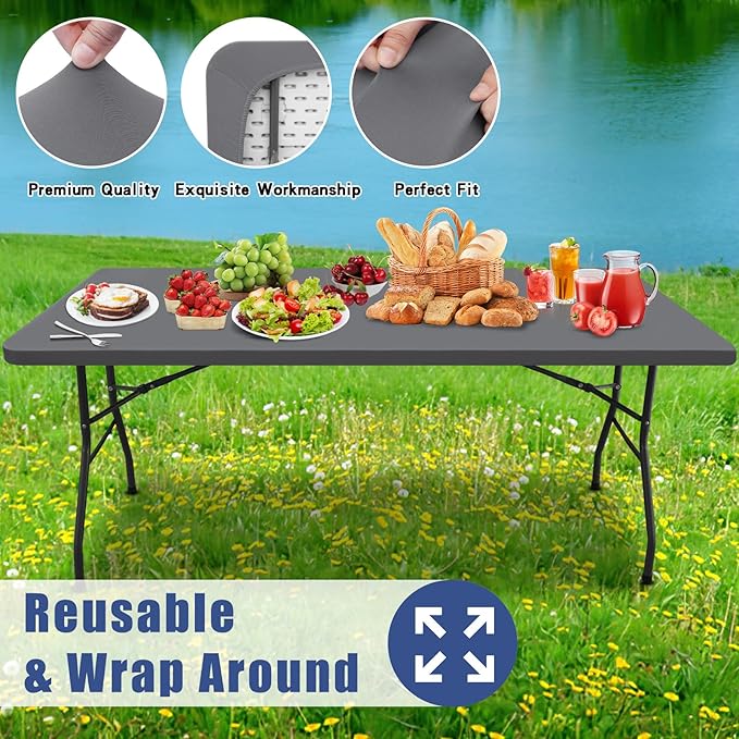 Spandex 5 Foot Rectangle Table Cloth 2 Pack, Elastic Fitted Tablecloths for Picnic, Stretch Washable Patio Table Cover for Outdoor, Camping, Banquet and Parties (Grey, 36"x60")
