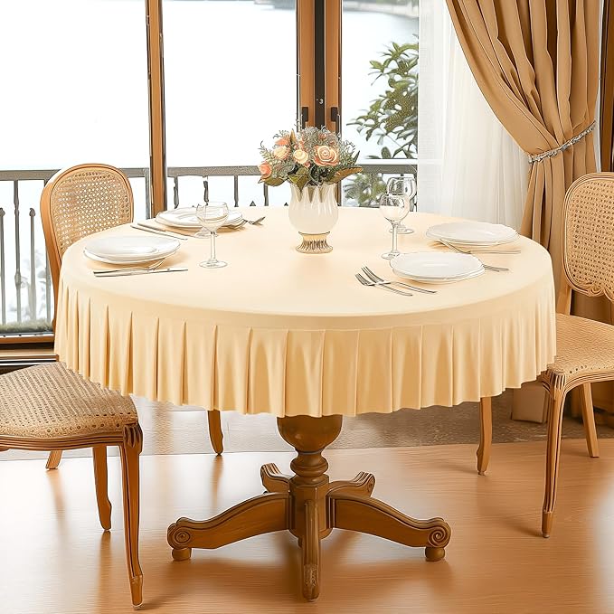 2 Pack Champagne Spandex Round Tablecloths for 60 inch Tables, Stretchy Fitted 5FT Round Table Cloths with Skirt for Wedding Party Dining Banquet