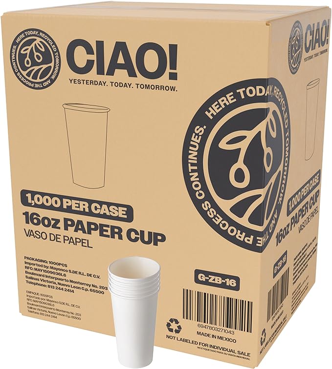 CIAO! 16oz White Paper Hot Cup, Disposable, 90mm Diameter 1,000 Count